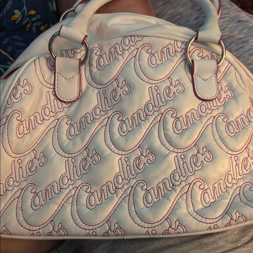 Candie's White and Pink Embroidered Satchel
